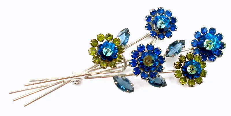 3 5/8" Flower Bouquet Brooch Bermuda Blue Margaritas Olivine Silver Tone