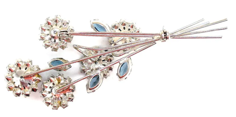3 5/8" Flower Bouquet Brooch Bermuda Blue Margaritas Olivine Silver Tone