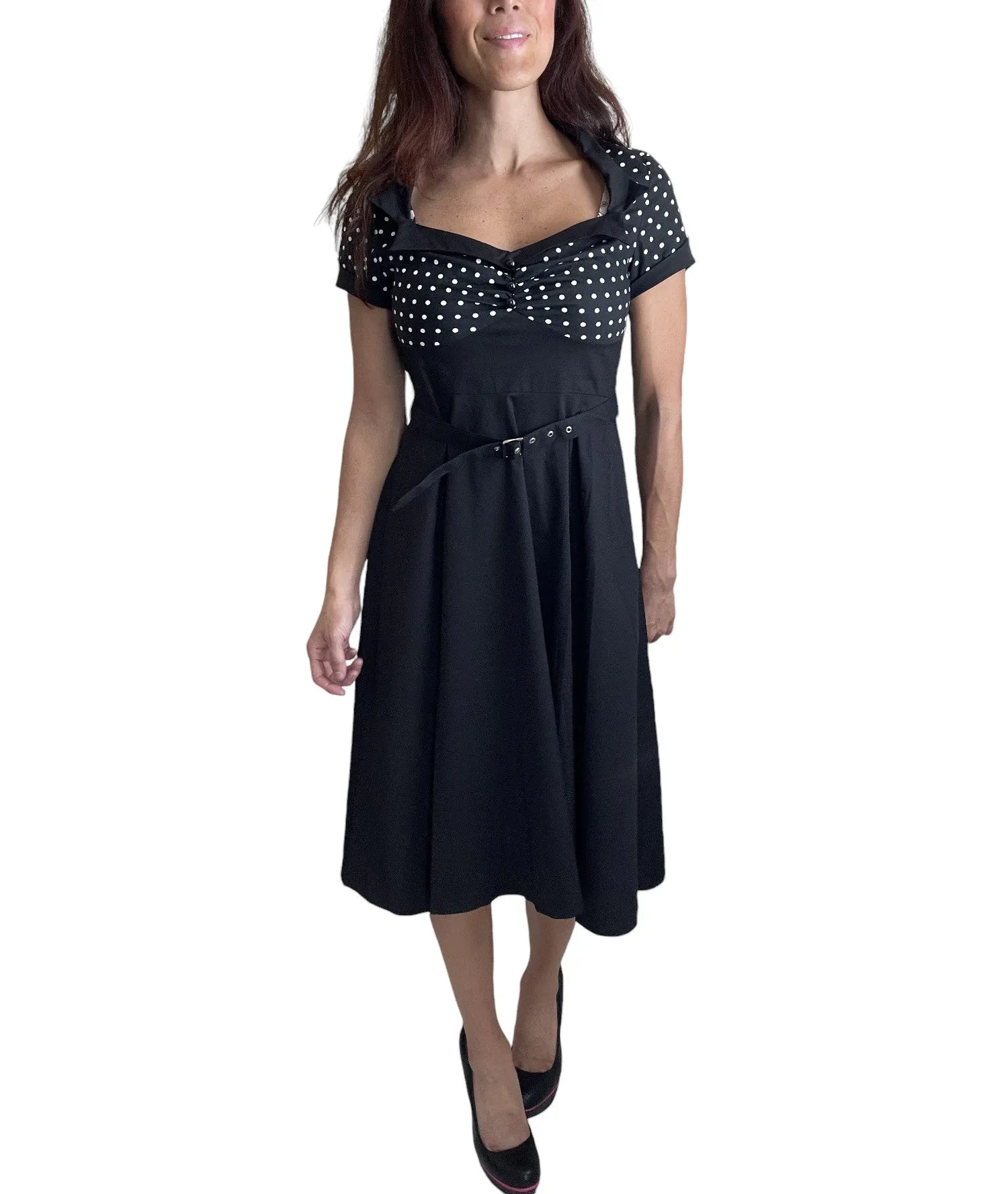 60s Vintage Retro Polka Dot Flare Party Dress – Two-Tone High Waist, Plus Sizes Available