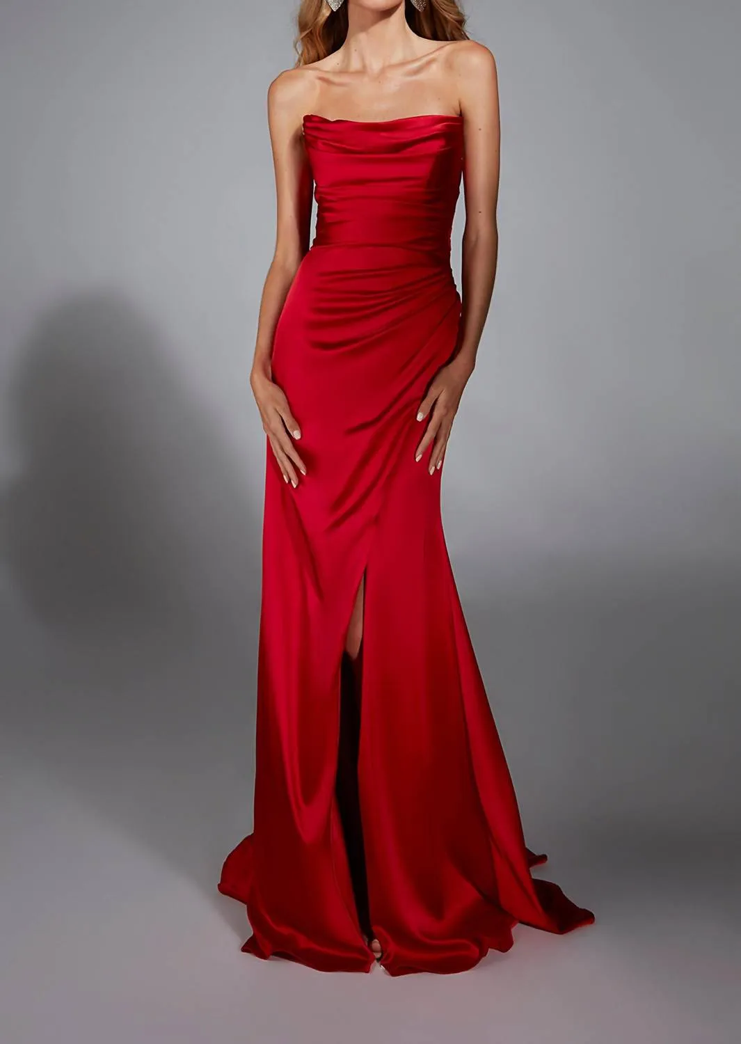Alyce Paris - Charmeuse Fitted Off-shoulder Leg Slit Gown