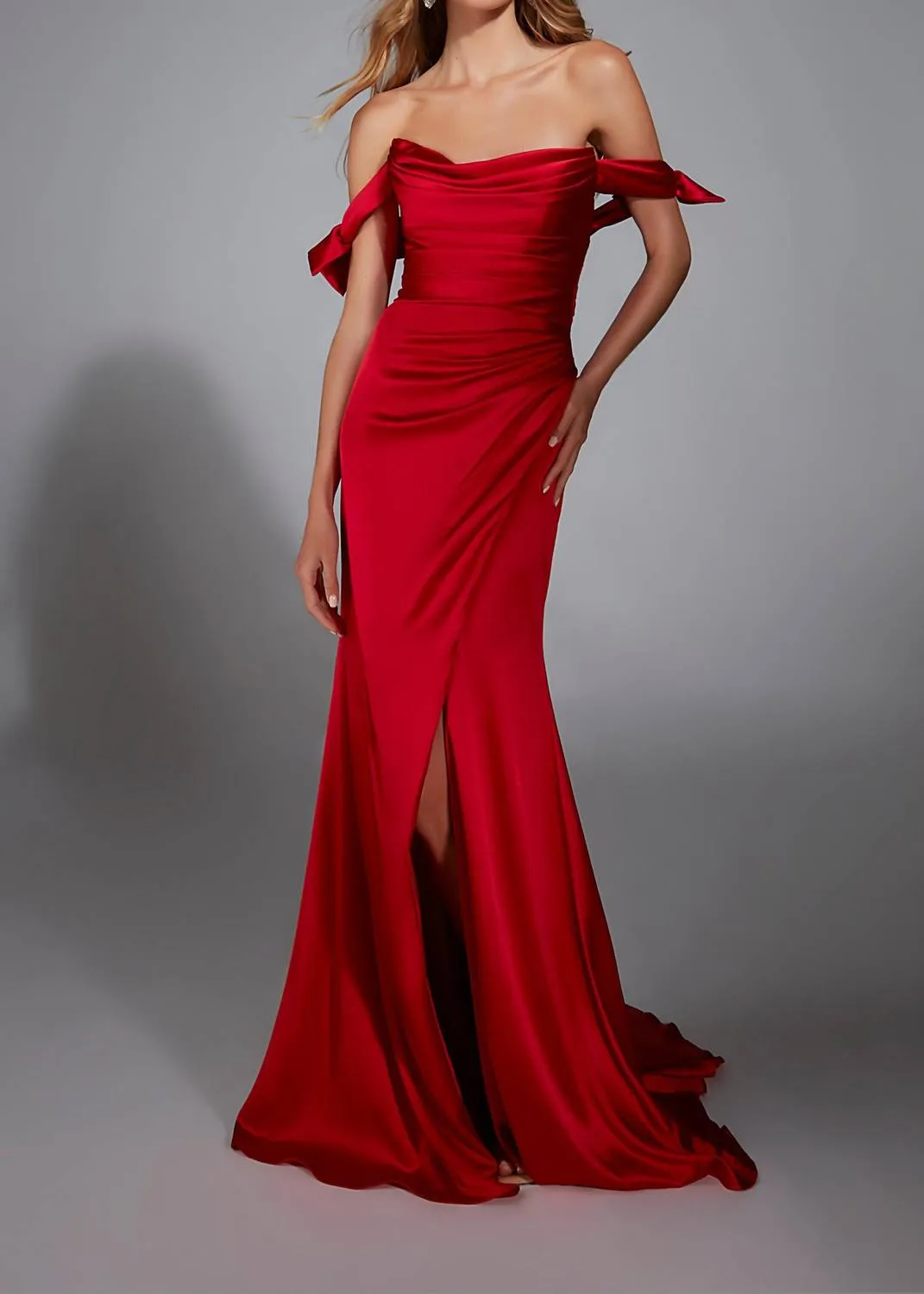 Alyce Paris - Charmeuse Fitted Off-shoulder Leg Slit Gown