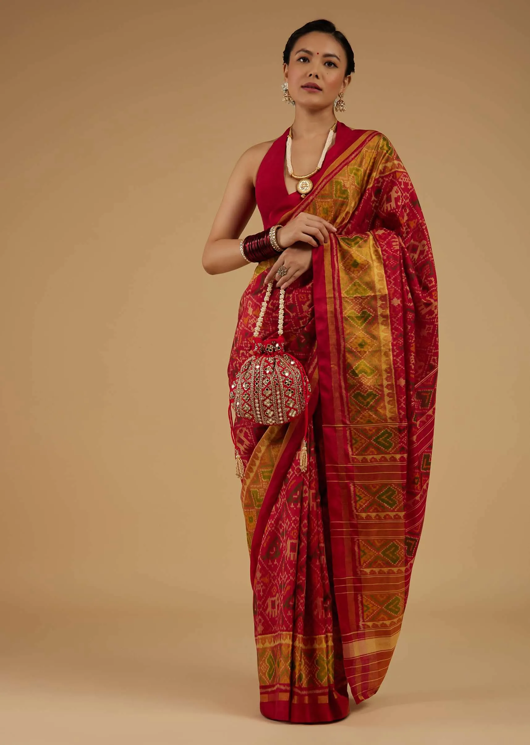 Cherry Red Saree In Silk With Ikat Weave Patola Work