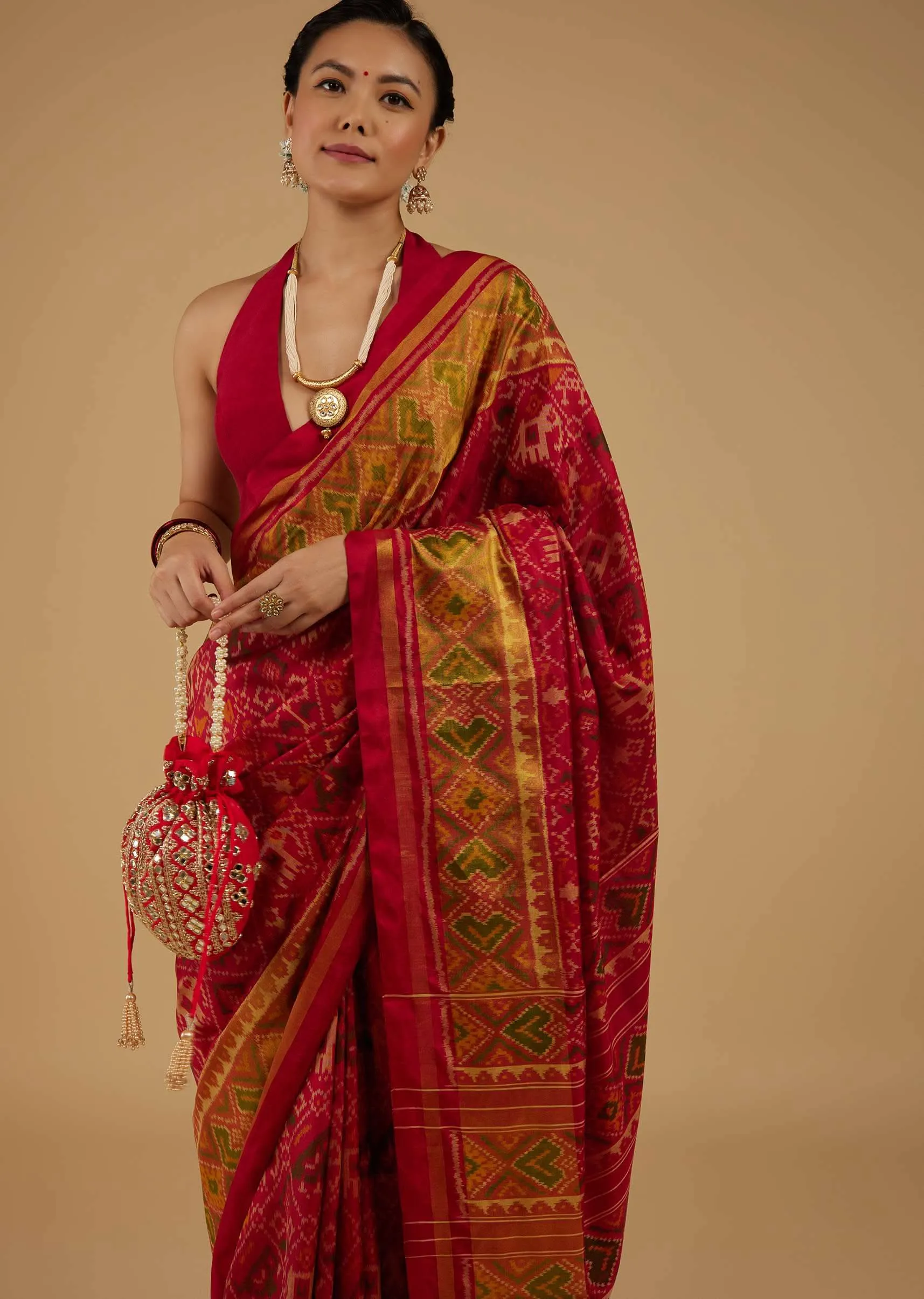 Cherry Red Saree In Silk With Ikat Weave Patola Work
