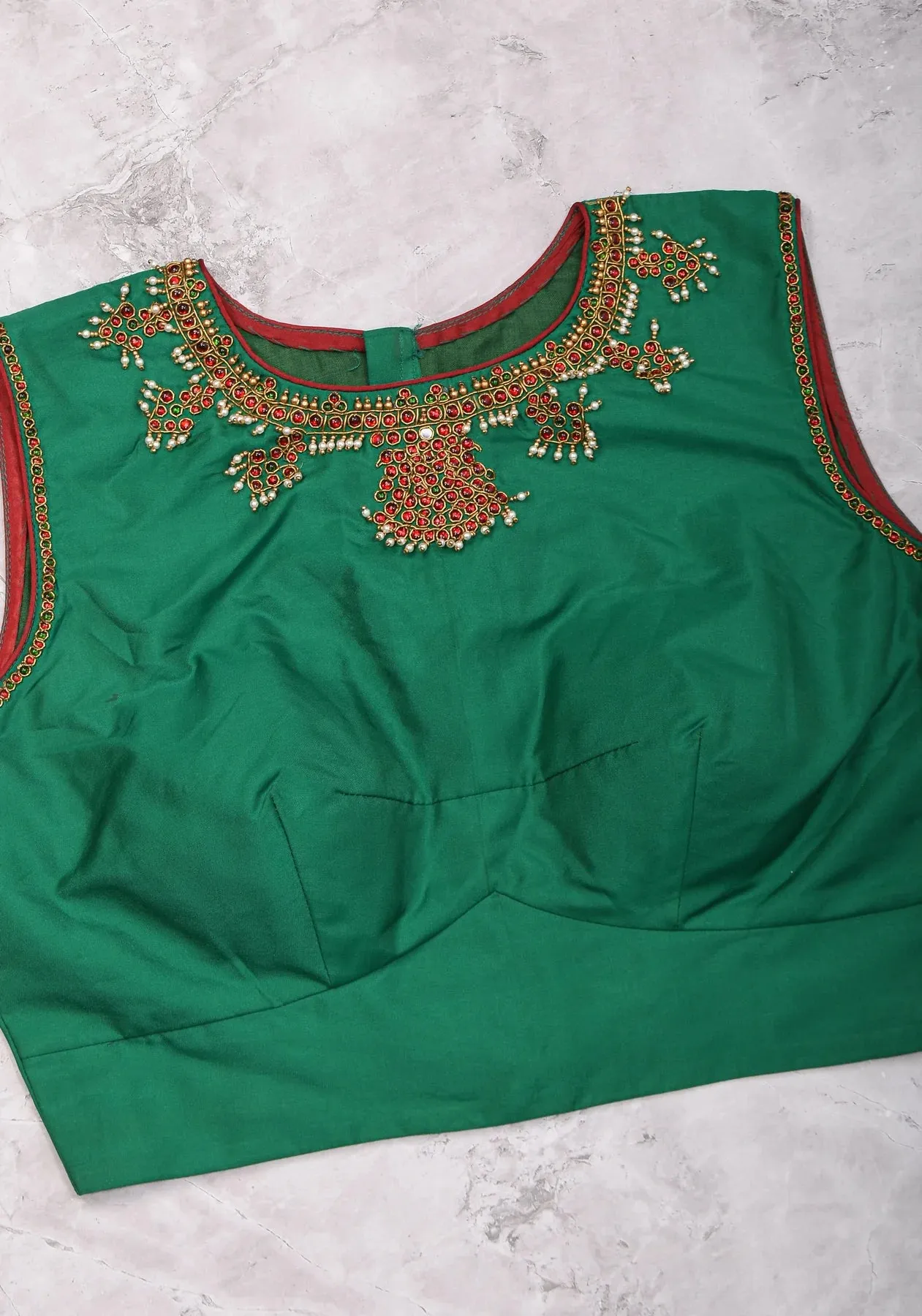 Custom Made: Necklace Design Jadau Ornamental Sleeveless Blouse in SIlk | Shobitam Blouse