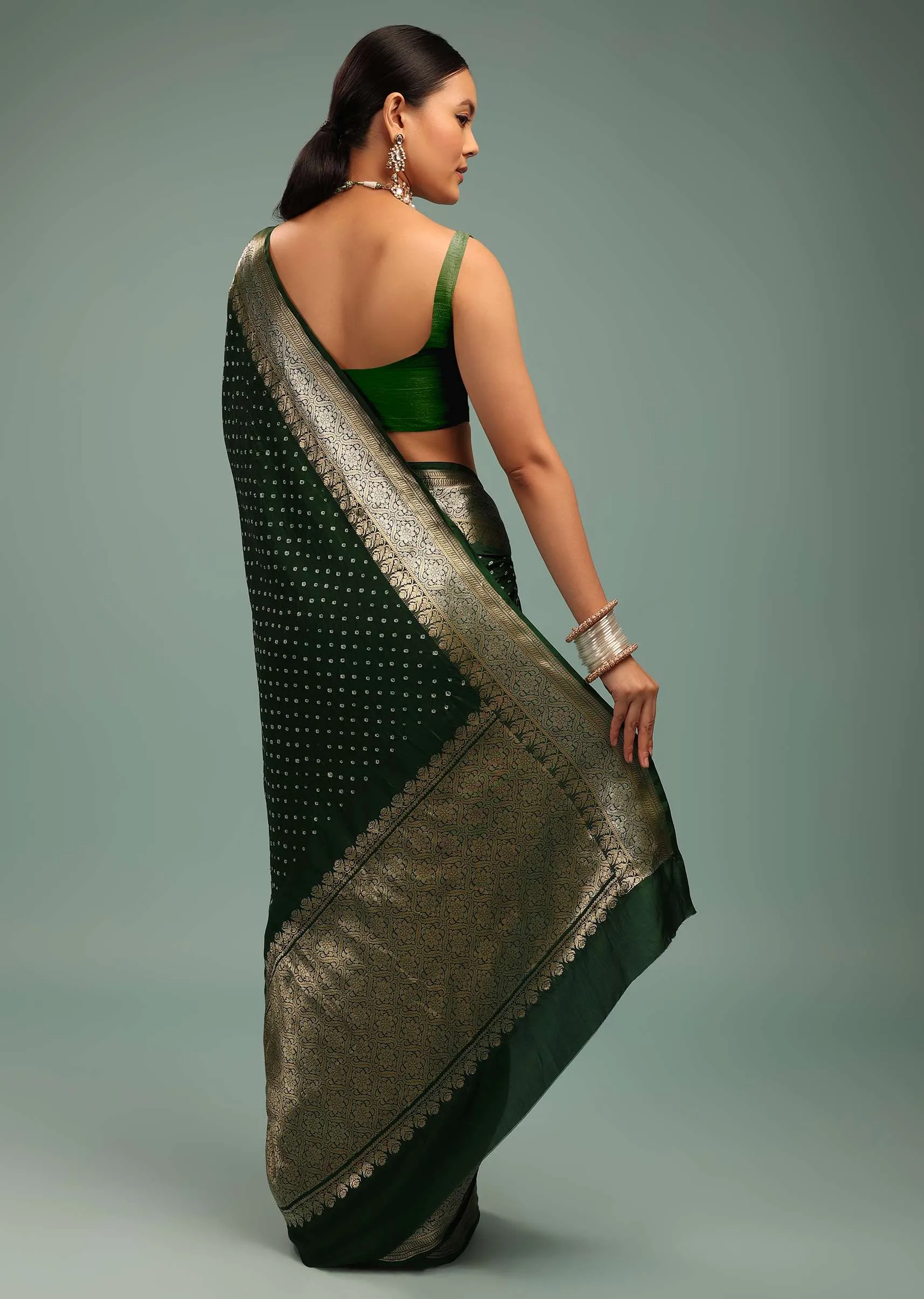 Deep Green Saree In Silk With Bandhani Print And Handwoven Brocade Floral Embroidery