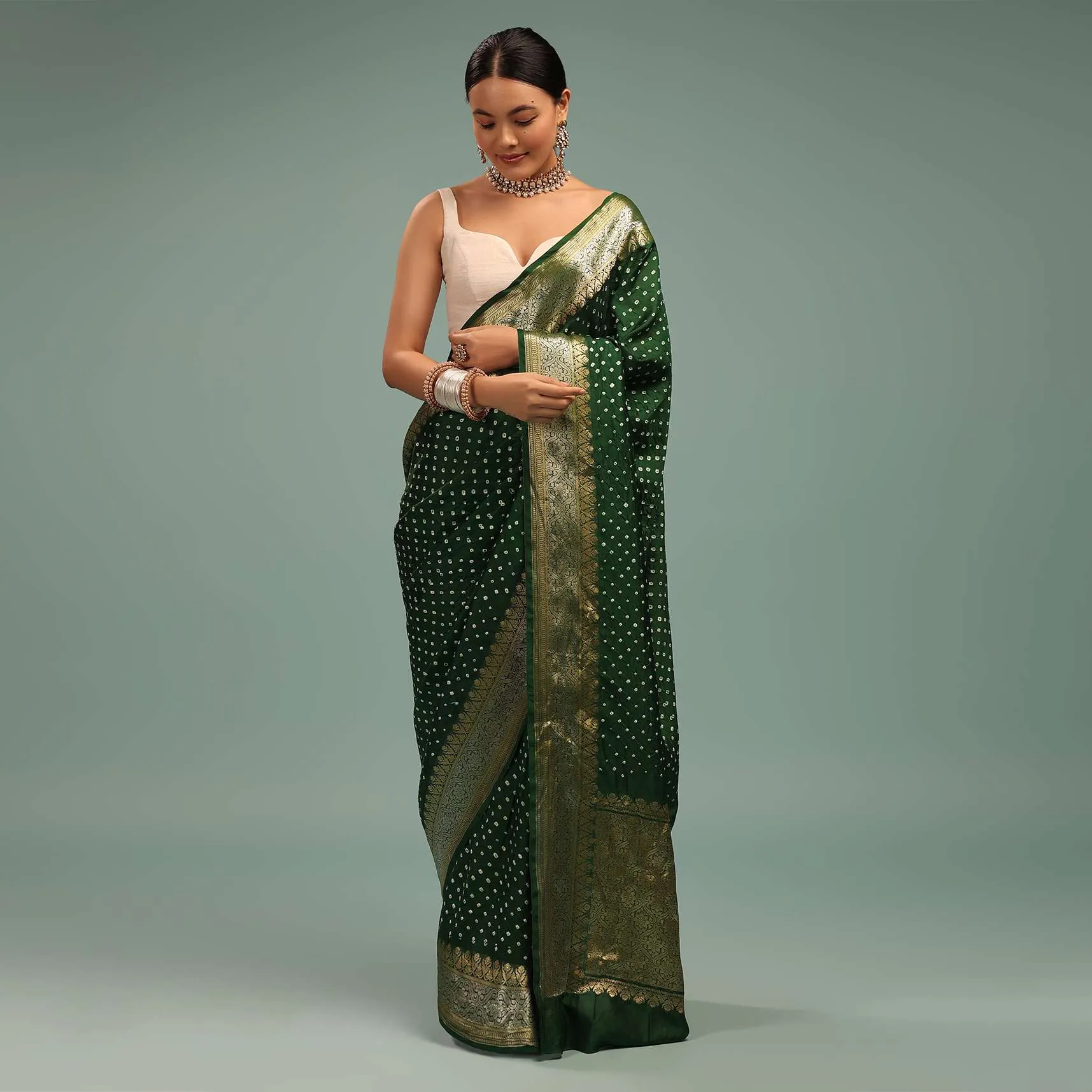 Deep Green Saree In Silk With Bandhani Print And Handwoven Brocade Floral Embroidery