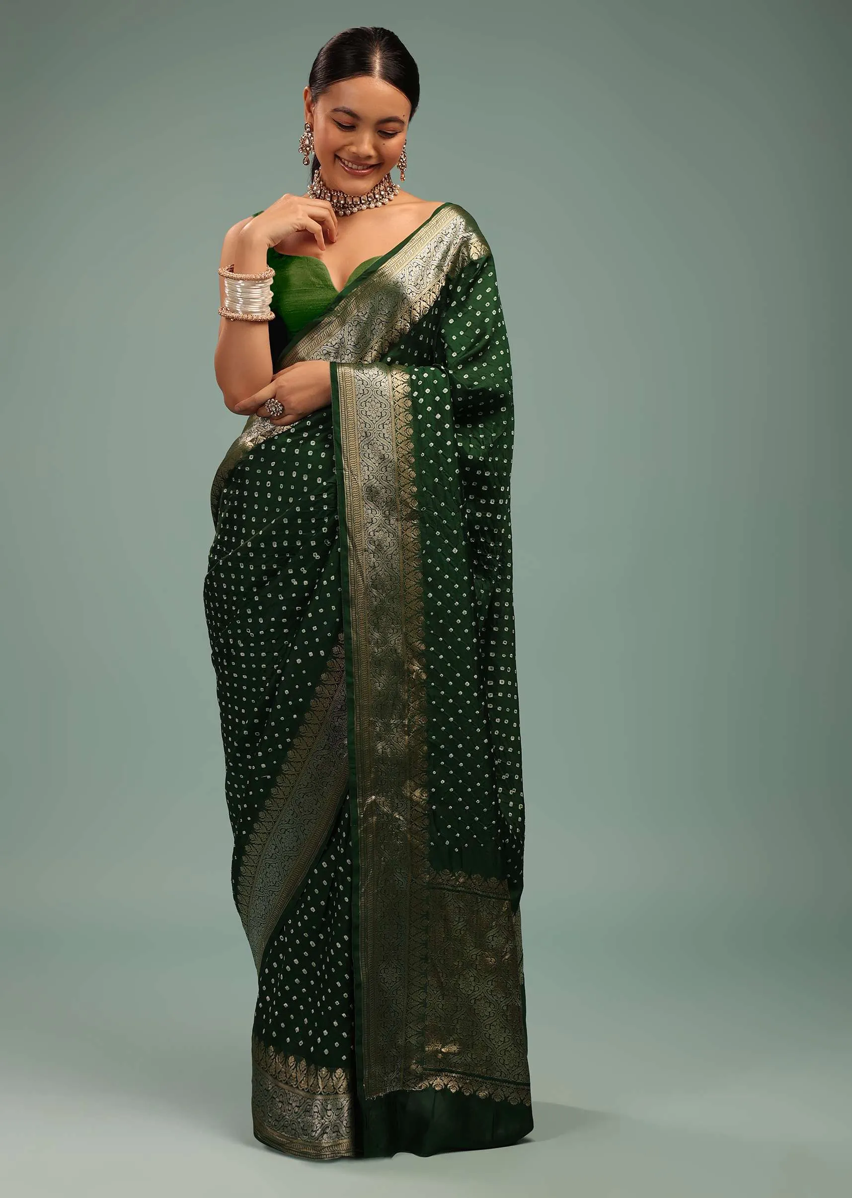 Deep Green Saree In Silk With Bandhani Print And Handwoven Brocade Floral Embroidery