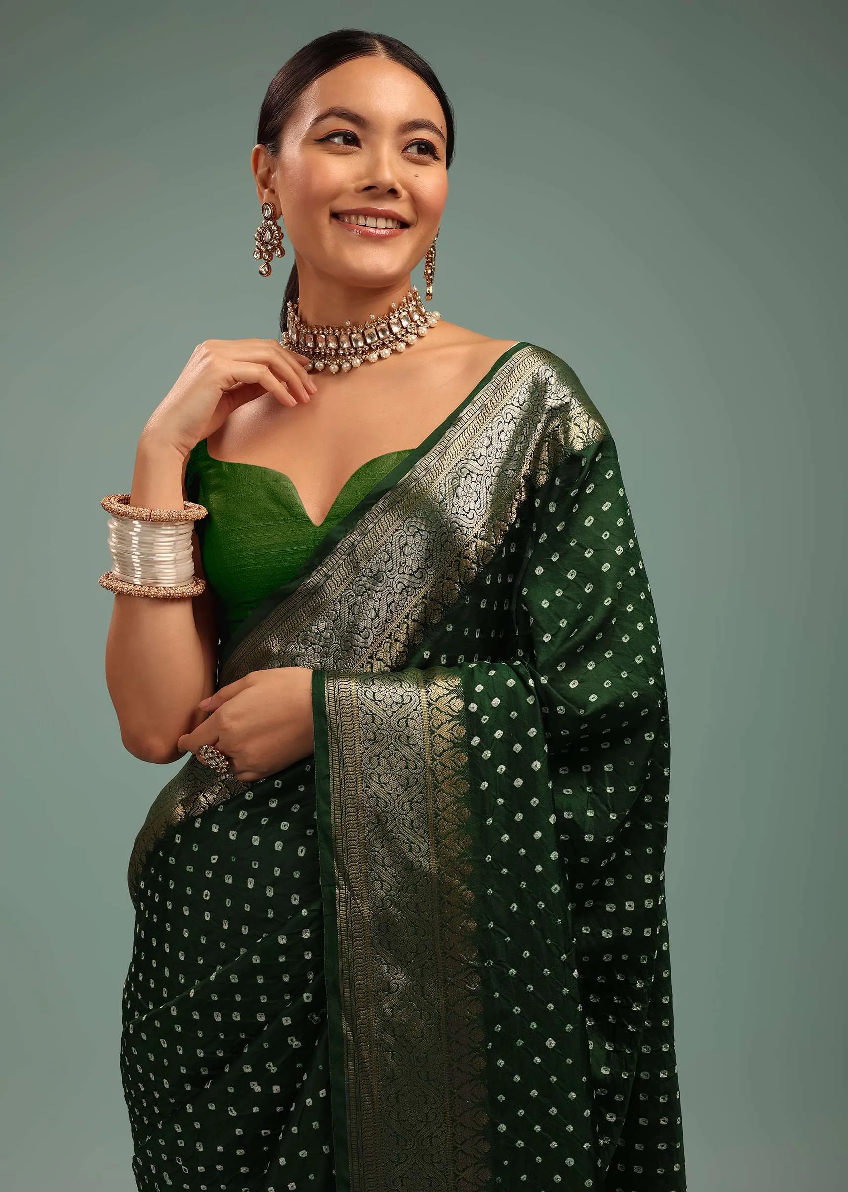 Deep Green Saree In Silk With Bandhani Print And Handwoven Brocade Floral Embroidery