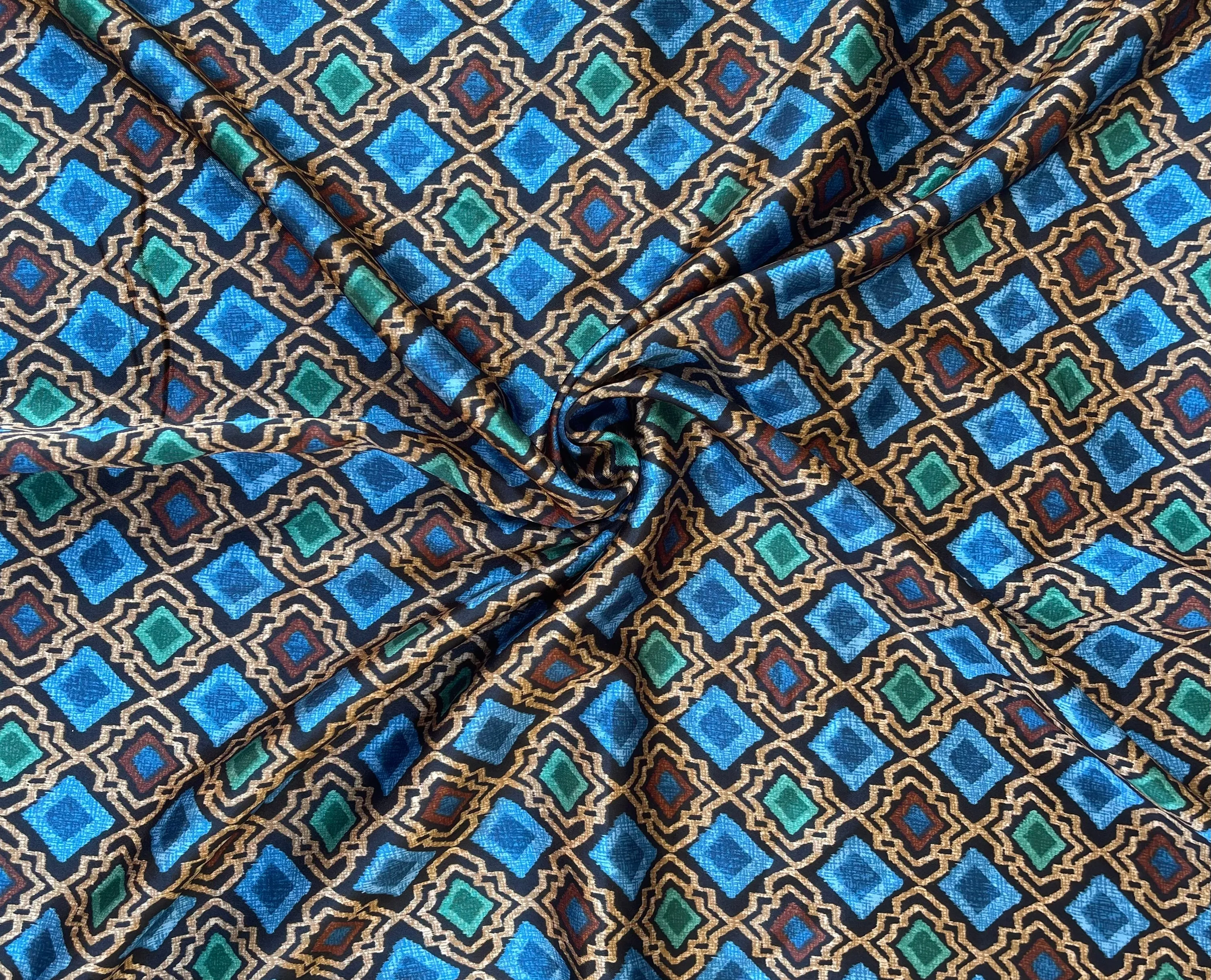 Faux silk charmeuse satin fabric by the yard -   Geometric squares   print