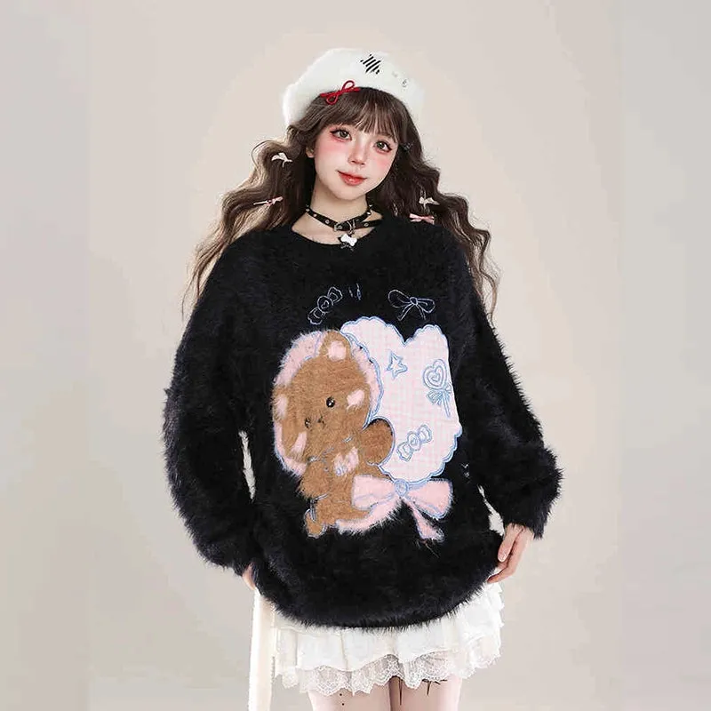 Kawaii Sweet Girl Style Cute Bear Round Embroidery Pullover Sweater