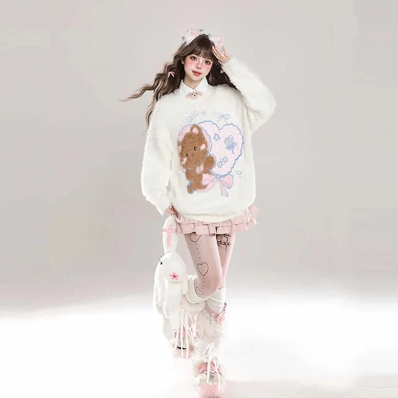 Kawaii Sweet Girl Style Cute Bear Round Embroidery Pullover Sweater
