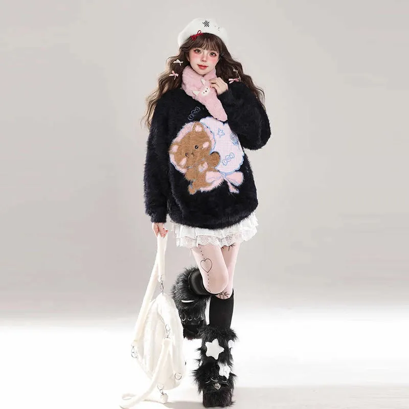 Kawaii Sweet Girl Style Cute Bear Round Embroidery Pullover Sweater