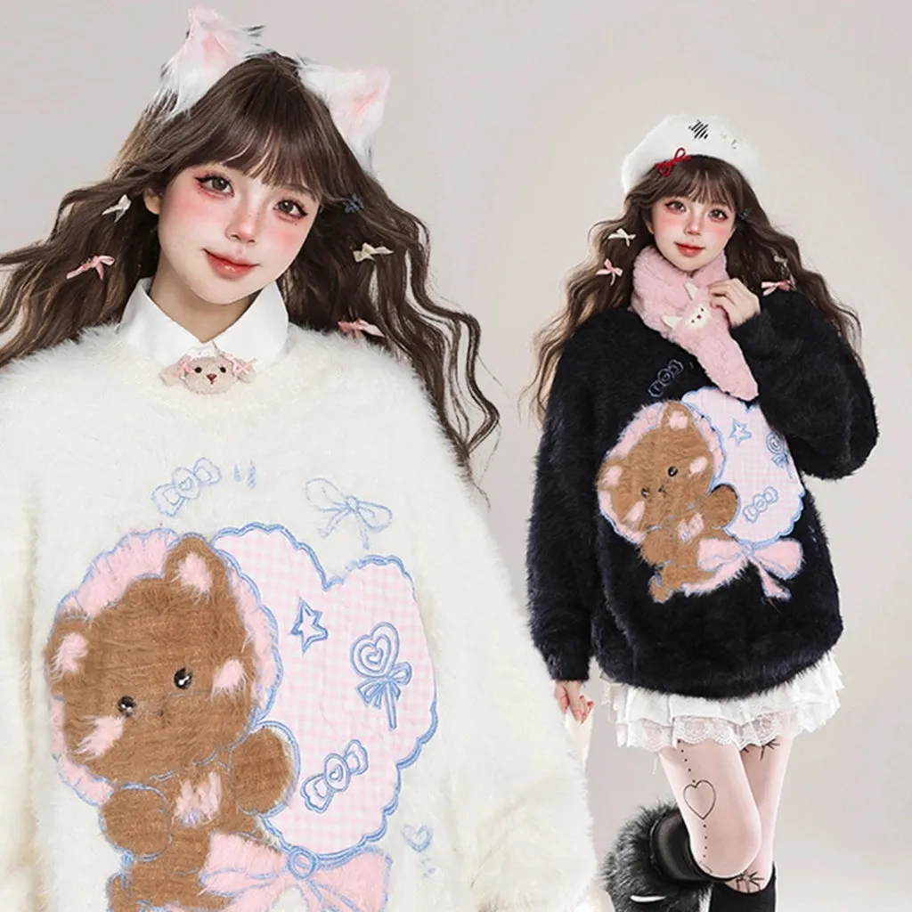 Kawaii Sweet Girl Style Cute Bear Round Embroidery Pullover Sweater