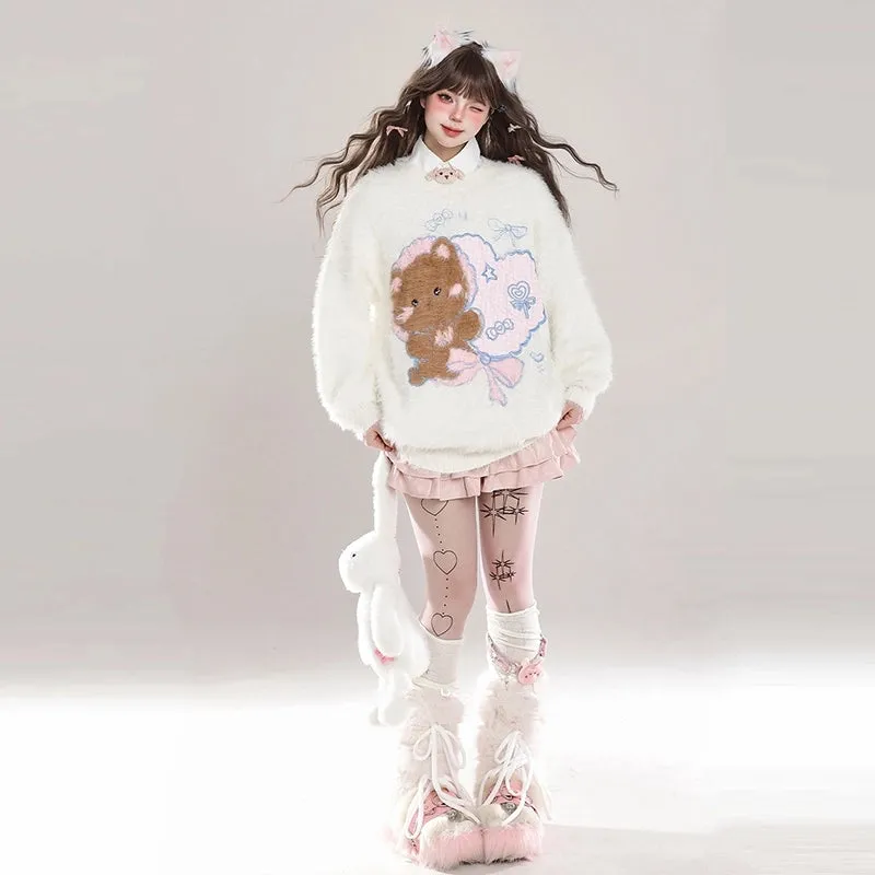 Kawaii Sweet Girl Style Cute Bear Round Embroidery Pullover Sweater