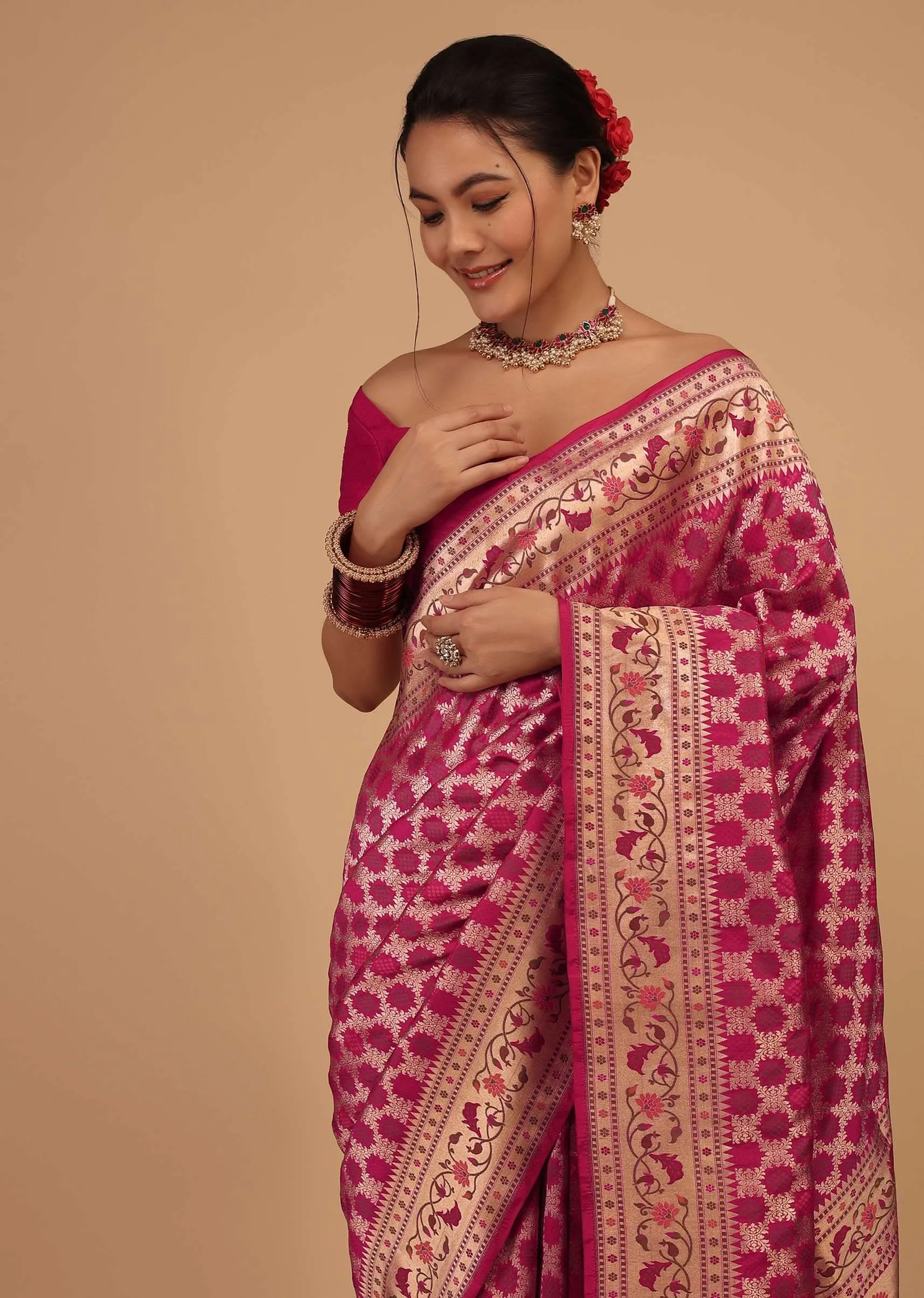 Magenta Pink Saree In Pure Banarasi Silk With Upada Zari Weave In Floral Jaal Work