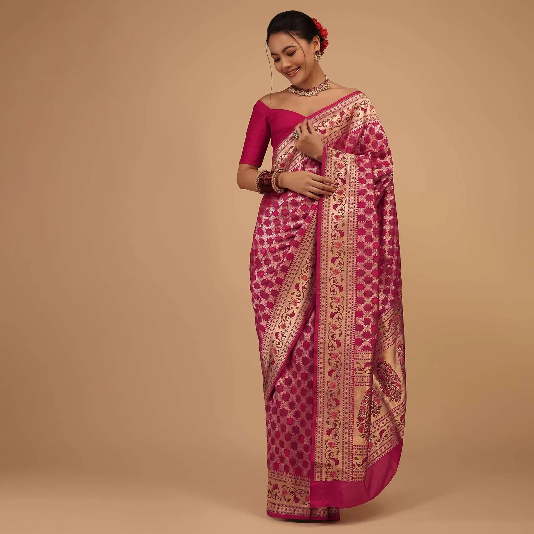Magenta Pink Saree In Pure Banarasi Silk With Upada Zari Weave In Floral Jaal Work