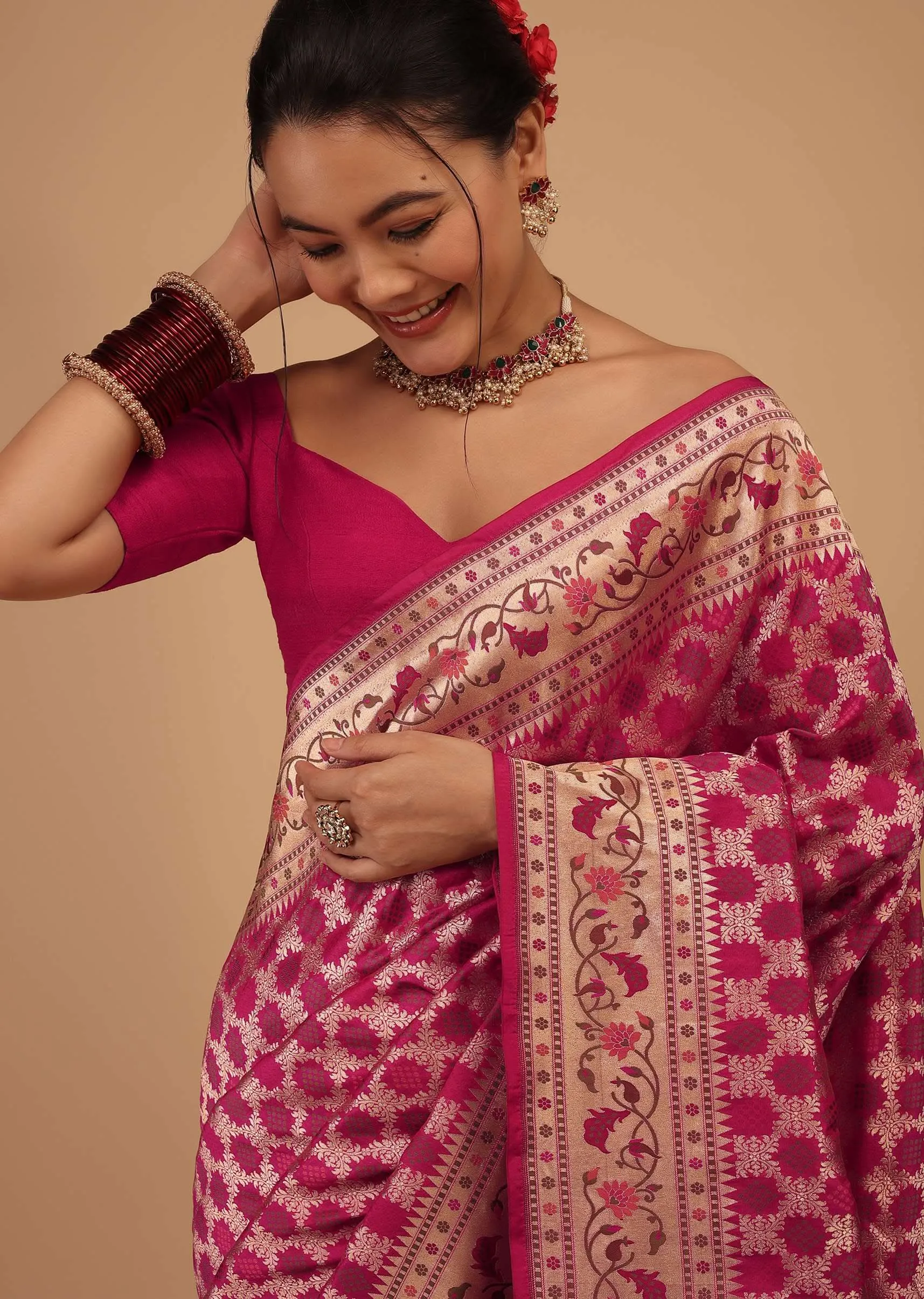 Magenta Pink Saree In Pure Banarasi Silk With Upada Zari Weave In Floral Jaal Work