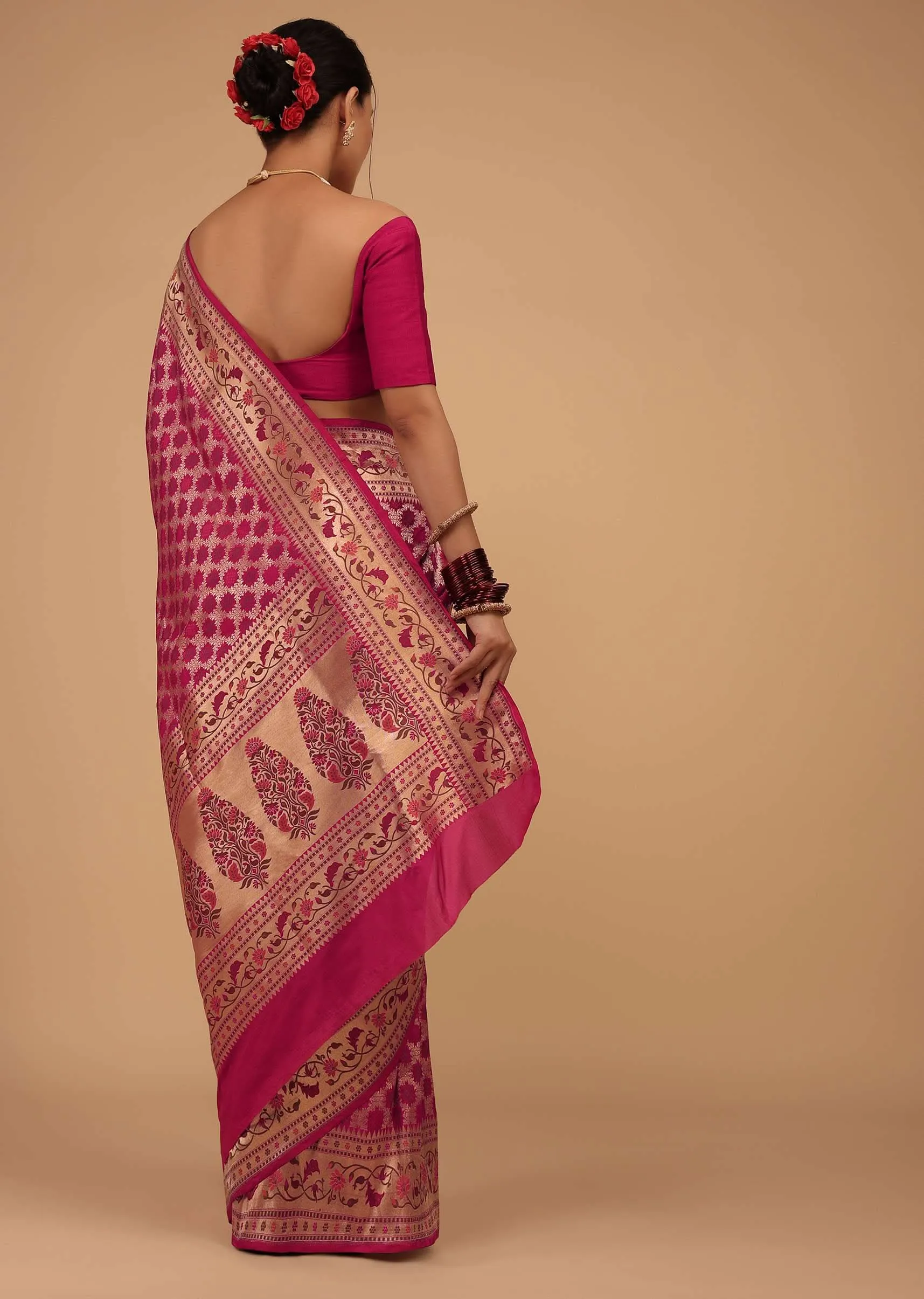 Magenta Pink Saree In Pure Banarasi Silk With Upada Zari Weave In Floral Jaal Work