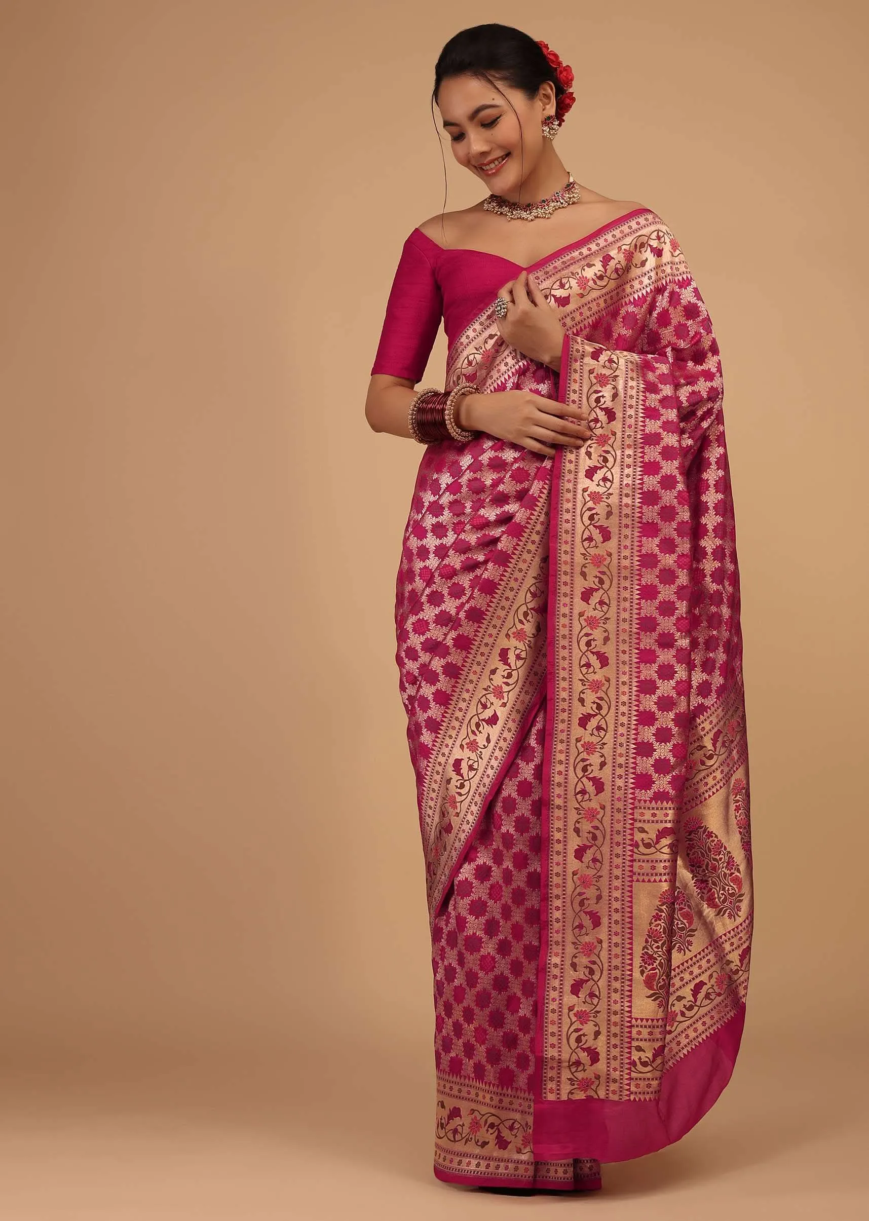 Magenta Pink Saree In Pure Banarasi Silk With Upada Zari Weave In Floral Jaal Work