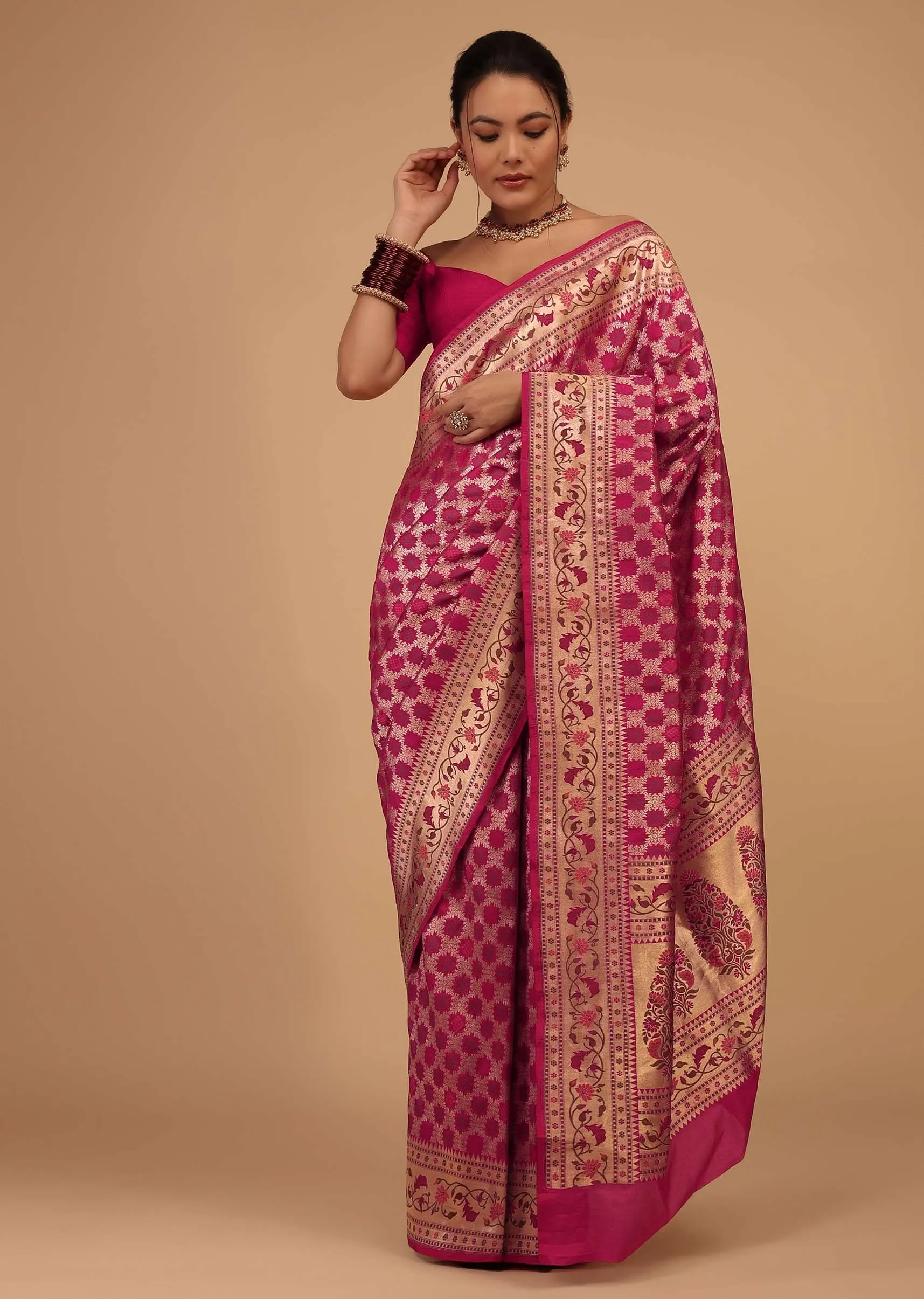 Magenta Pink Saree In Pure Banarasi Silk With Upada Zari Weave In Floral Jaal Work