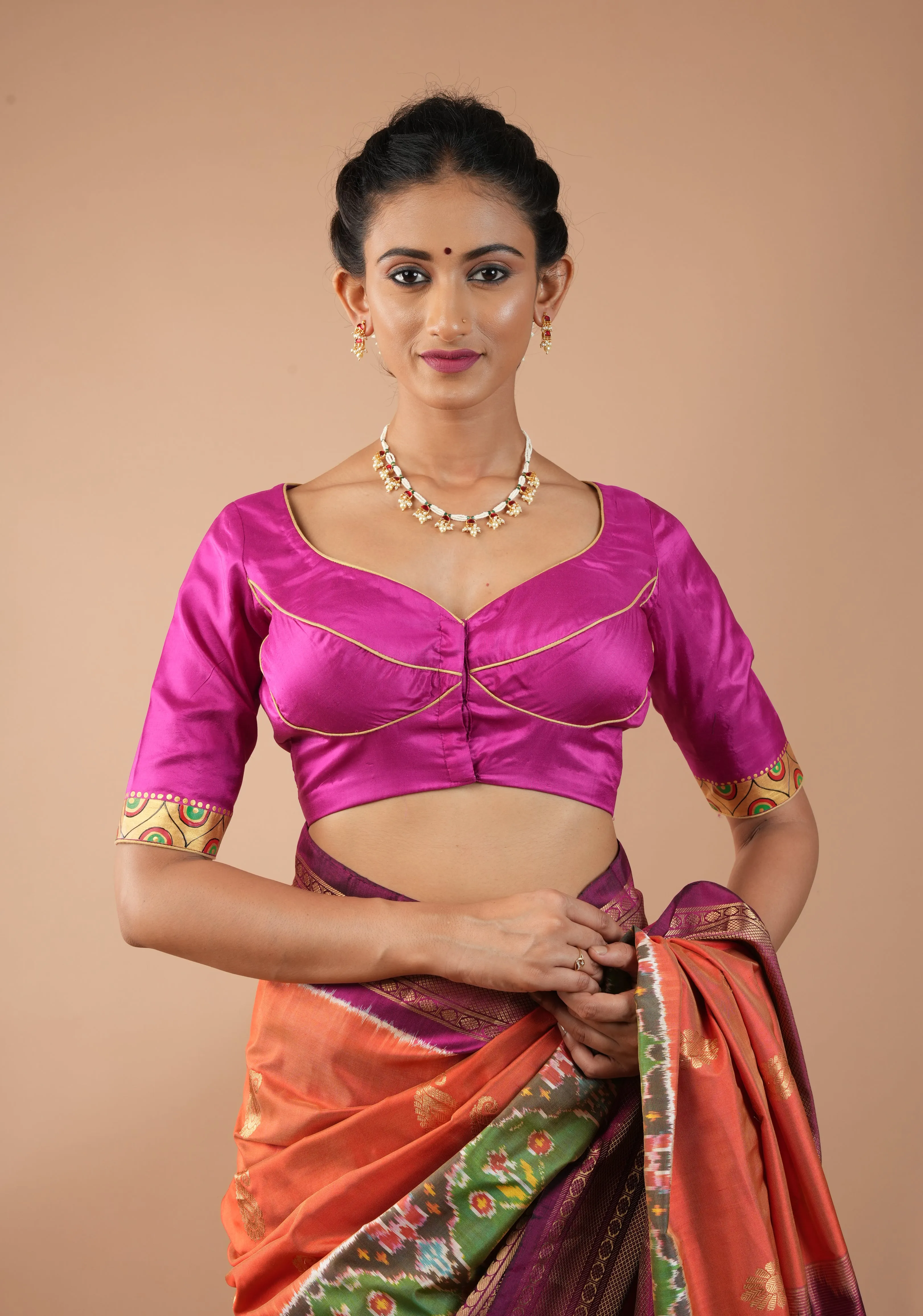 Magnificent Durga Face Tanjore Style Painting on Fuchsia Pure Silk Blouse, Customizable, Made to Order