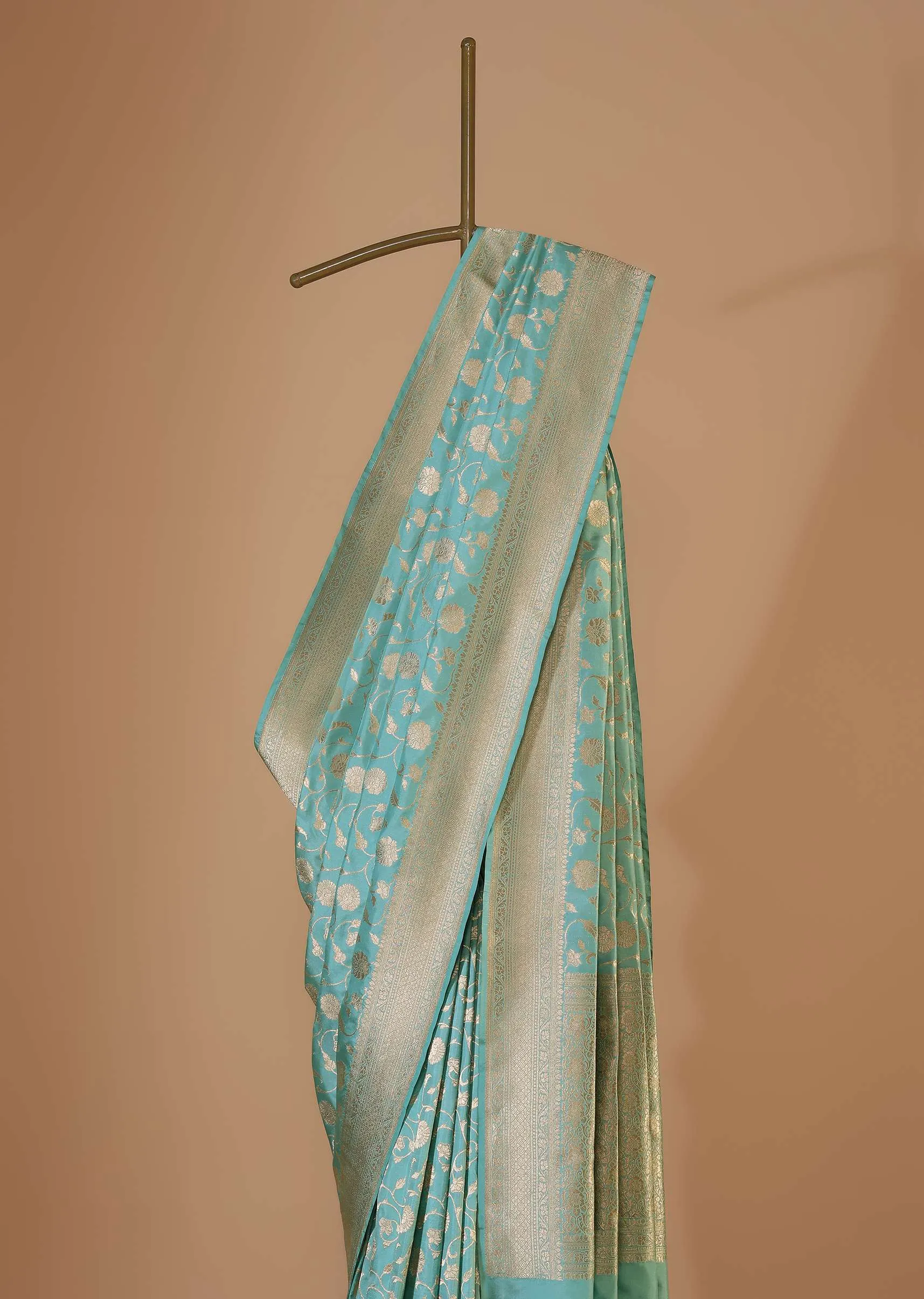 Mint Blue Banarasi Saree In Uppada Silk With Woven Floral Jaal And Unstitched Blouse