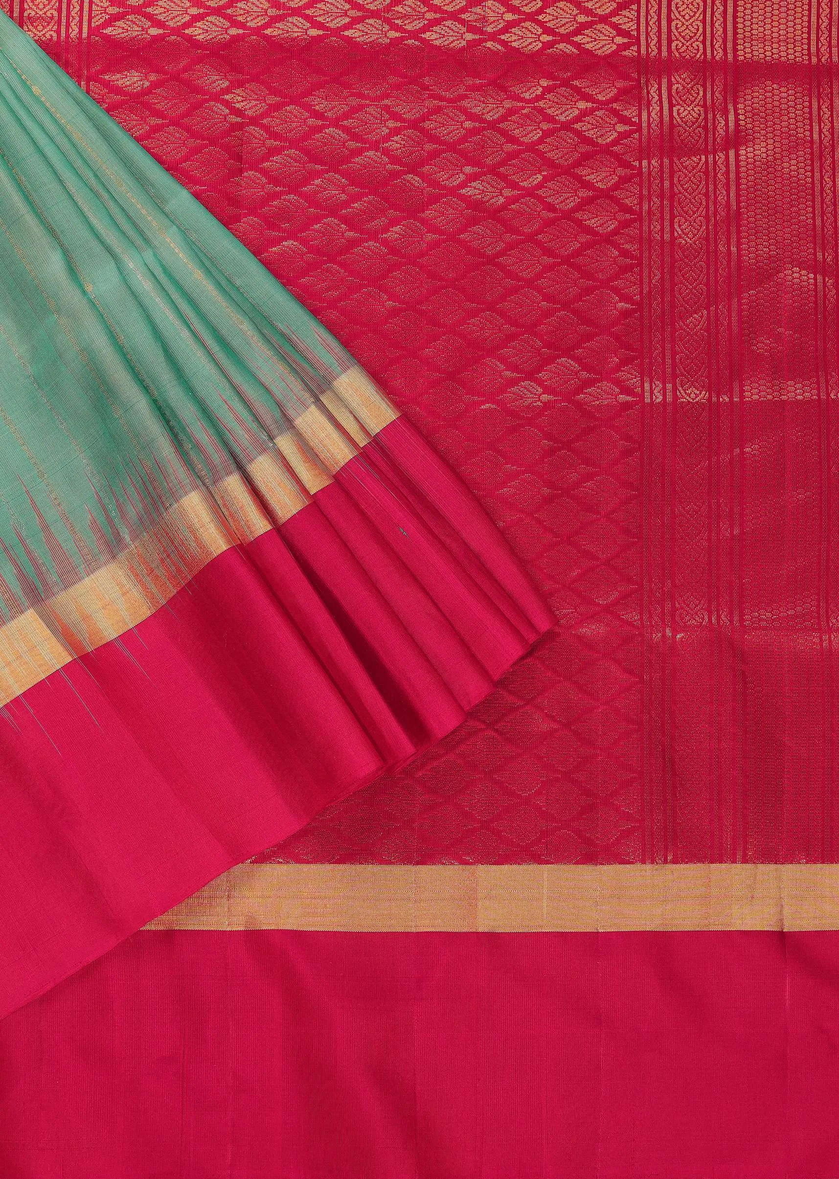 Mint Blue Handloom Saree In Album Silk With Zari Woven Red Border And Unstitched Blouse