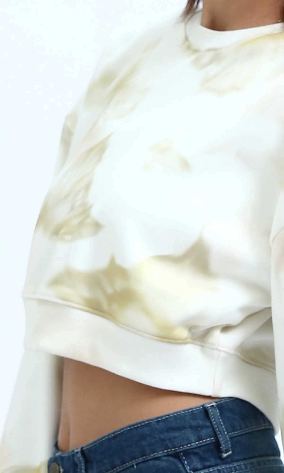 O199397 - Long Sleeves Beige & White Tie Dye Cropped Sweatshirt