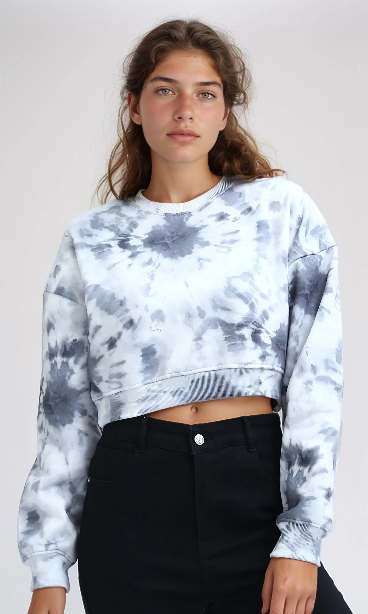 O199398 - Feminine Cropped Tie Dye Sweatshirt - Grey & White