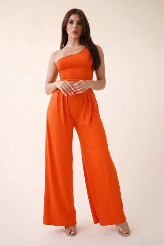 Orange Solid 2pc Modal Crop Top And Pants Set