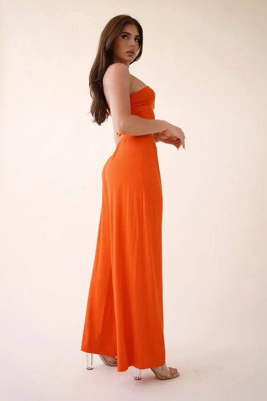 Orange Solid 2pc Modal Crop Top And Pants Set