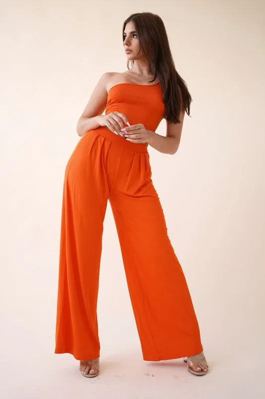 Orange Solid 2pc Modal Crop Top And Pants Set