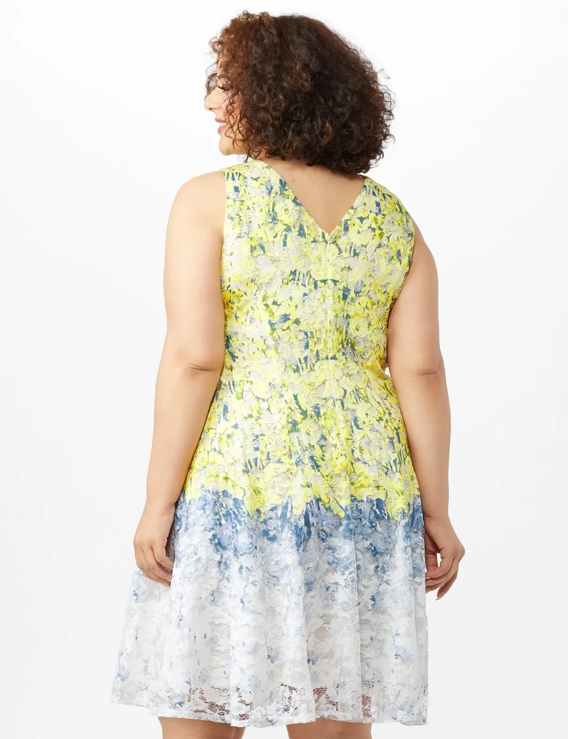 Sleeveless Round Neck Ombre Floral Print Lace Dress